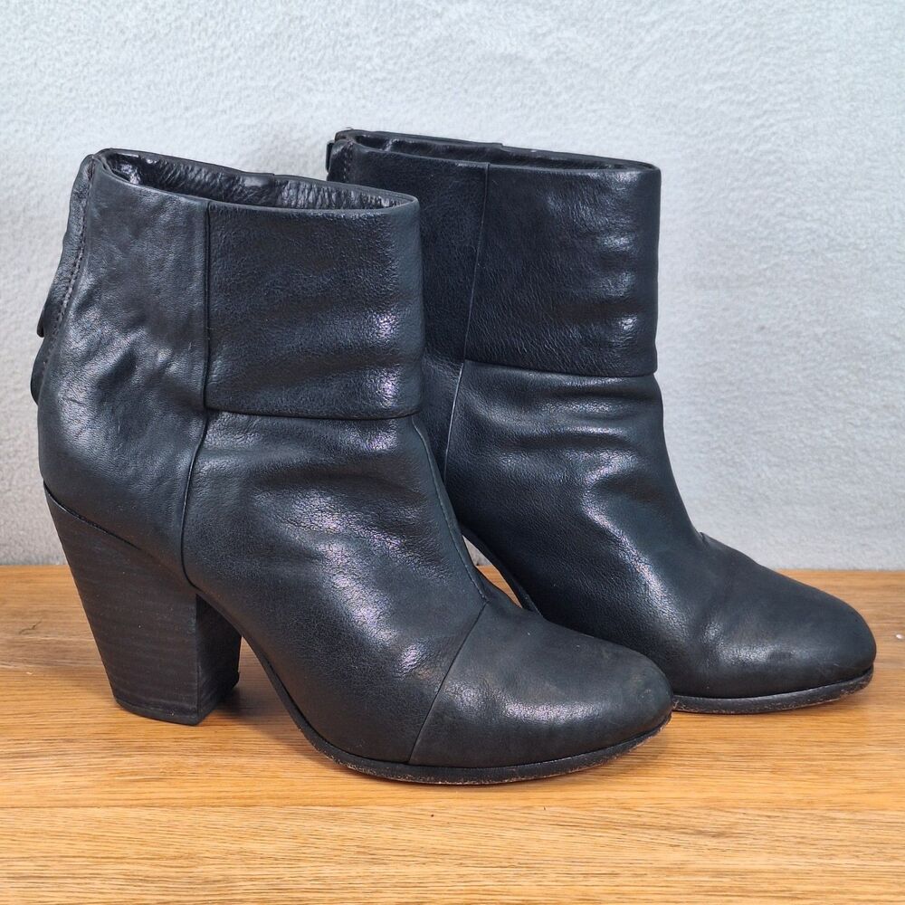 Rag & Bone Newbury Women's 8 EU 38.5 Stacked Heel Ankle Booties Black Leather